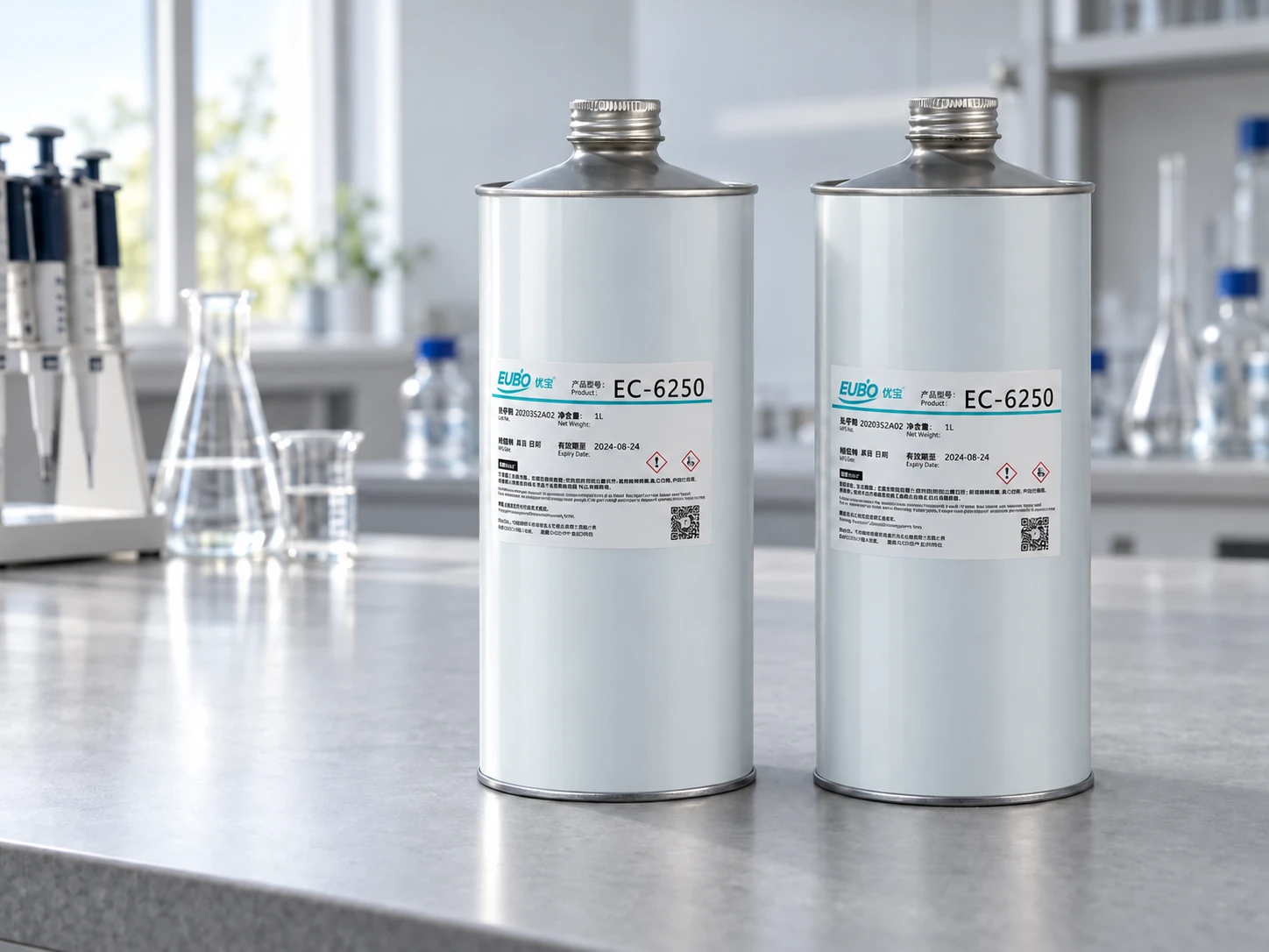 រូបភាពឈុតផលិតផលនៃកំប៉ុង EUBO EC-6250 ពណ៌ប្រផេះស្រាលរលោងលើតុមន្ទីរពិសោធន៍